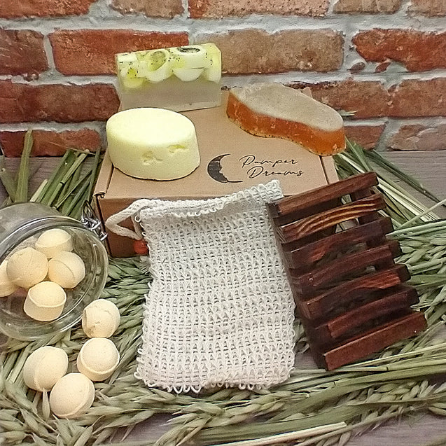 Citrus Body And Feet Pamper Gift Set With Dark Wood Soap Rack