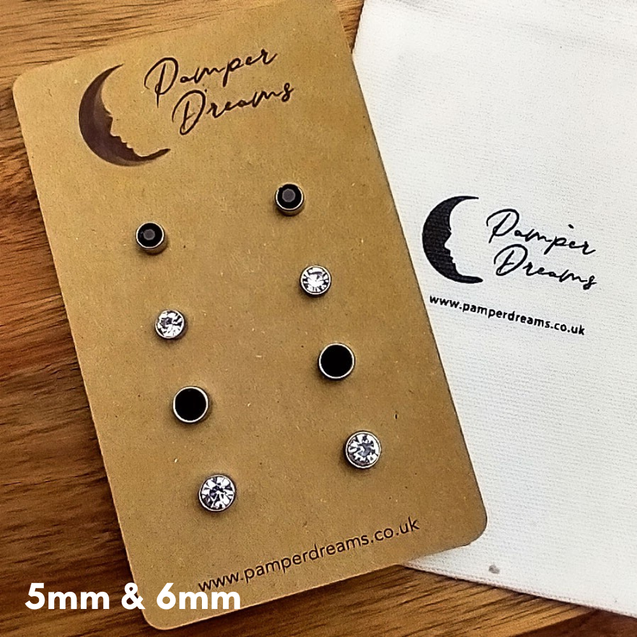 Hypoallergenic Silver Colour Stainless Steel Clear & Black CZ Round Bezel Setting 4 Pairs Set