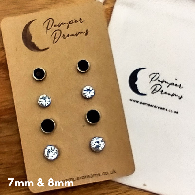 Hypoallergenic Silver Colour Stainless Steel Clear & Black CZ Round Bezel Setting 4 Pairs Set
