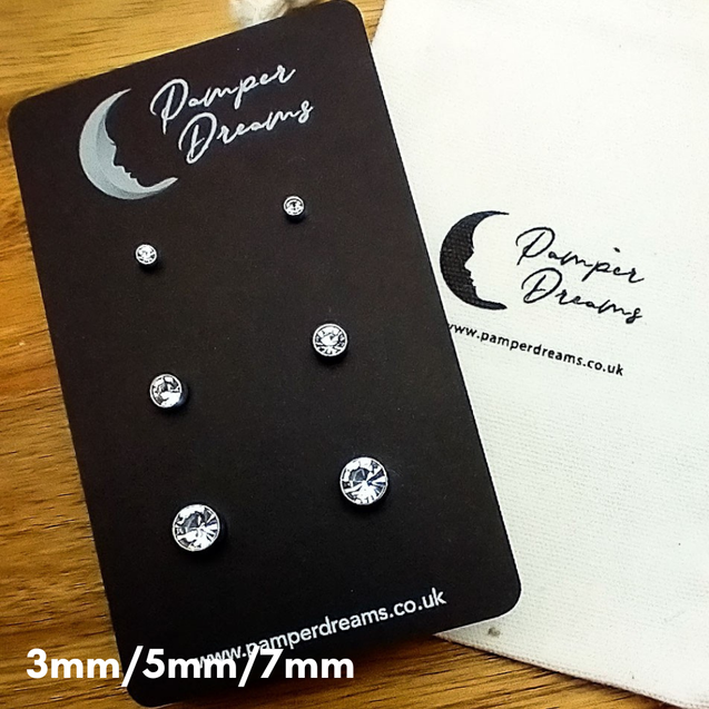 Hypoallergenic Silver Colour Stainless Steel Clear CZ Round Bezel Setting 3 Pairs Set