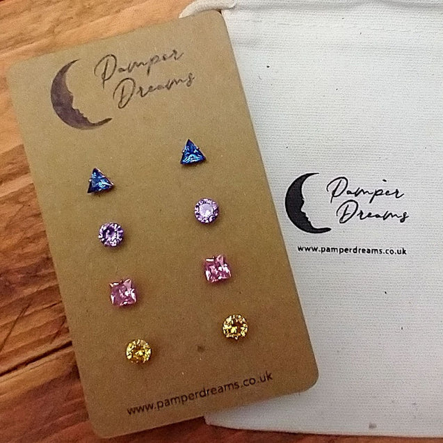 Hypoallergenic Stainless Steel CZ & Opalite Earring Set 4 Pairs Silver Colour C003