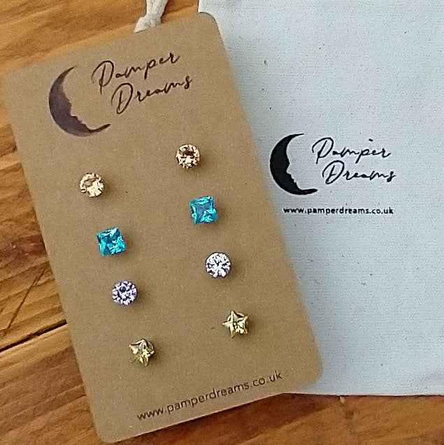Hypoallergenic Stainless Steel CZ & Opalite Earring Set 4 Pairs Silver Colour D009