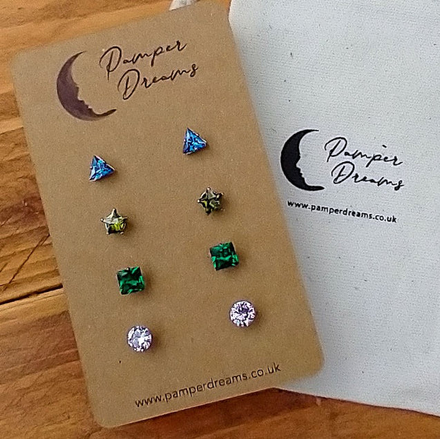Hypoallergenic Stainless Steel CZ & Opalite Earring Set 4 Pairs Silver Colour D010