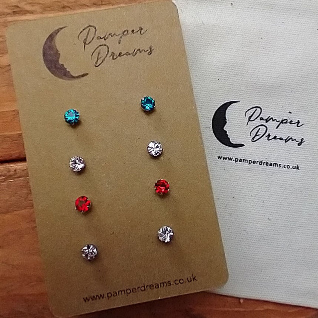 Hypoallergenic Stainless Steel CZ & Opalite Earring Set 4 Pairs Silver Colour D013
