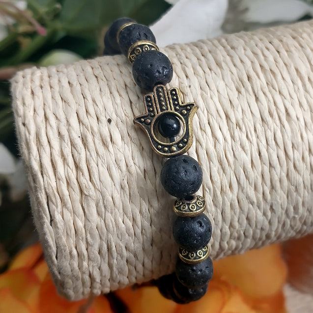 Chakra Bracelet - Antique Gold Hamsa & Lava Stone