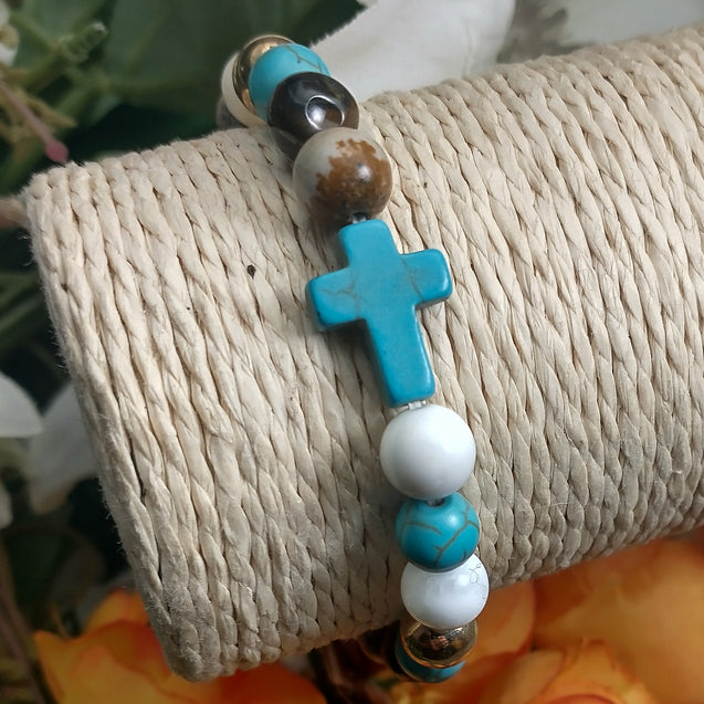 Chakra Bracelet - Turquoise Cross Howlite & Tiger Eye