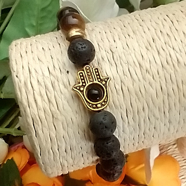 Lava Stone Bracelet - Hamsa Tiger Eye