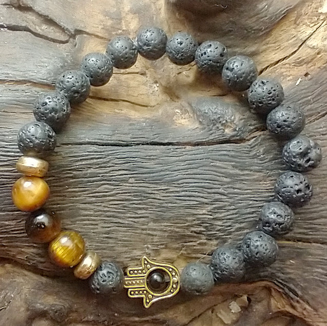 Lava Stone Bracelet - Hamsa Tiger Eye