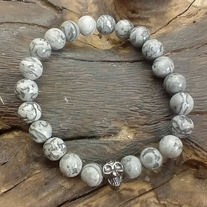 Chakra Bracelet - Pewter Skull & Grey Agate