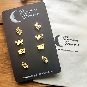 Hypoallergenic Stainless Steel Earrings Set 4 Pairs Gold Colour Cactus Spiders Dolphins & Leaves