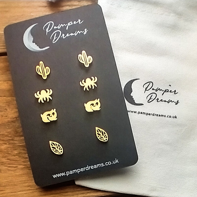 Hypoallergenic Stainless Steel Earrings Set 4 Pairs Gold Colour Cactus Spiders Dolphins & Leaves