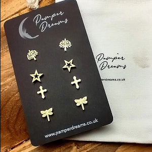Hypoallergenic Stainless Steel Earrings Set 4 Pairs Gold Colour Tree Of Life Stars Celtic Cross & Dragonflies
