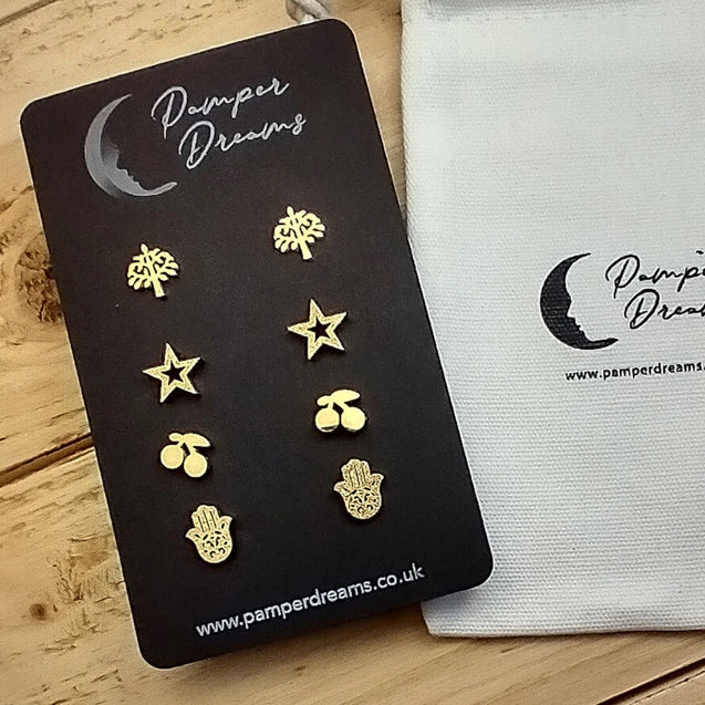 Hypoallergenic Stainless Steel Earrings Set 4 Pairs Gold Colour Tree Of Life Stars Cherries & Hamsa Hands