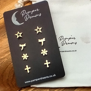 Hypoallergenic Stainless Steel Earrings Set 4 Pairs Gold Colour Stars Dragonflies Flowers & Celtic Cross