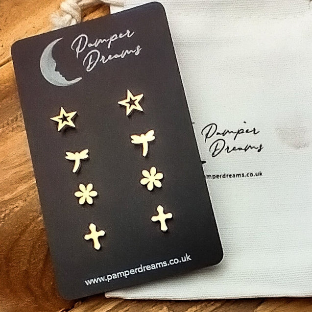 Hypoallergenic Stainless Steel Earrings Set 4 Pairs Gold Colour Stars Dragonflies Flowers & Celtic Cross