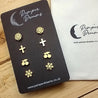 Hypoallergenic Stainless Steel Earrings Set 4 Pairs Gold Colour Roses Celtic Cross Cherries & Snowflakes