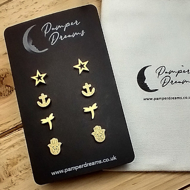 Hypoallergenic Stainless Steel Earrings Set 4 Pairs Gold Colour Stars Anchors Dragonflies & Hamsa Hand