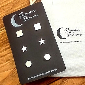 Hypoallergenic Stainless Steel Earrings Set 3 Pairs Silver Colour Squares Stars & Round