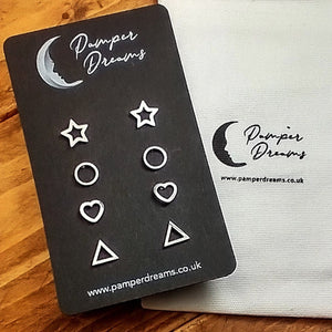 Hypoallergenic Stainless Steel Earrings Set 4 Pairs Silver Colour Stars Circles Hearts & Triangles