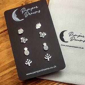 Hypoallergenic Stainless Steel Earrings Set 4 Pairs Silver Colour Leaves Butterflies Pineapple & Trees Of Life