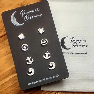 Hypoallergenic Stainless Steel Earrings Set 4 Pairs Silver Colour Sunflowers Yin Yang Anchors & Moon Stars