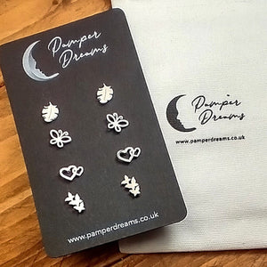 Hypoallergenic Stainless Steel Earrings Set 4 Pairs Silver Colour Leaves Butterflies & Hearts