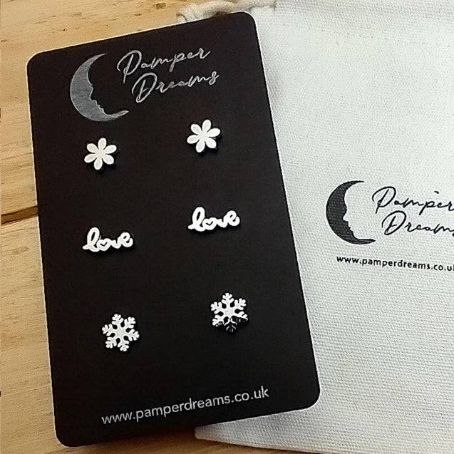 Hypoallergenic Stainless Steel Earrings Set 3 Pairs Silver Colour Flowers Love & Snowflakes