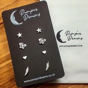 Hypoallergenic Stainless Steel Earrings Set 4 Pairs Silver Colour Stars Butterflies Hearts & Feathers