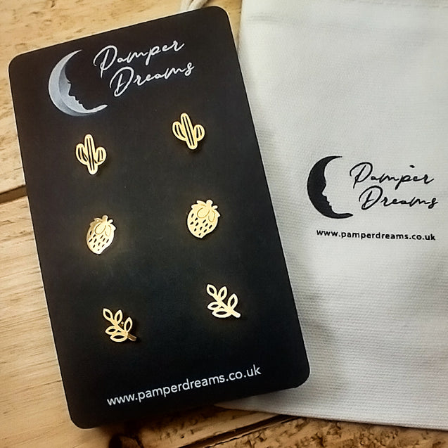 Hypoallergenic Stainless Steel Earrings Set 3 Pairs Gold Colour Cactus Strawberries & Branches