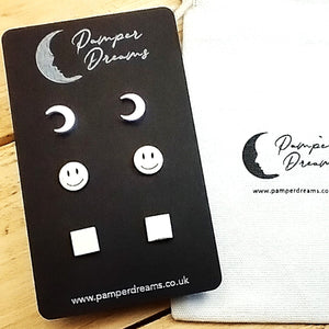 Hypoallergenic Stainless Steel Earrings Set 3 Pairs Silver Colour Moons Smiley Faces & Squares