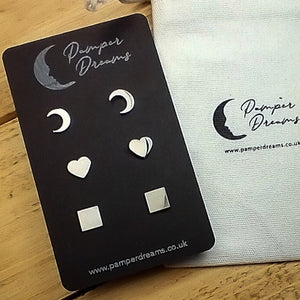 Hypoallergenic Stainless Steel Earrings Set 3 Pairs Silver Colour Moons Hearts & Squares