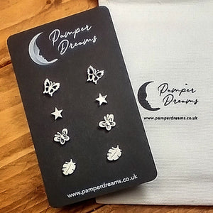Hypoallergenic Stainless Steel Earrings Set 4 Pairs Silver Colour Butterflies Stars & Leaves