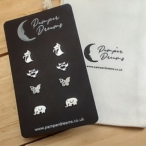 Hypoallergenic Stainless Steel Earrings Set 4 Pairs Silver Colour Cats Owls Butterflies & Elephants