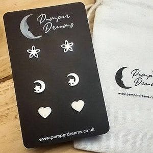 Hypoallergenic Stainless Steel Earrings Set 3 Pairs Silver Colour Flowers Moon & Stars Hearts