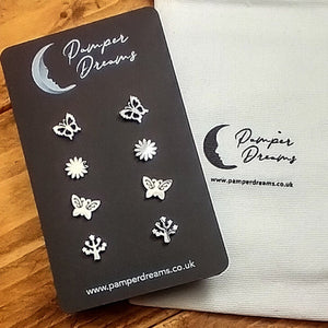 Hypoallergenic Stainless Steel Earrings Set 4 Pairs Silver Colour Butterflies Sunflowers & Tree Of Life