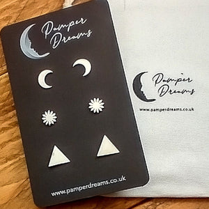 Hypoallergenic Stainless Steel Earrings Set 3 Pairs Silver Colour Moons Sunflowers & Triangles
