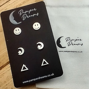 Hypoallergenic Stainless Steel Earrings Set 3 Pairs Silver Colour Smiley Faces Moon & Star Triangles