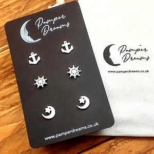 Hypoallergenic Stainless Steel Earrings Set 3 Pairs Silver Colour Anchors Ships Wheel & Moon Stars