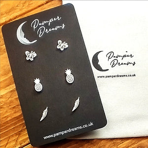 Hypoallergenic Stainless Steel Earrings Set 3 Pairs Silver Colour Butterflies Pineapples & Feathers