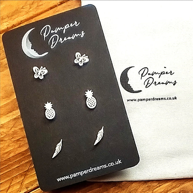 Hypoallergenic Stainless Steel Earrings Set 3 Pairs Silver Colour Butterflies Pineapples & Feathers