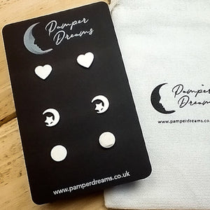 Hypoallergenic Stainless Steel Earrings Set 3 Pairs Silver Colour Hearts Moon & Stars Round