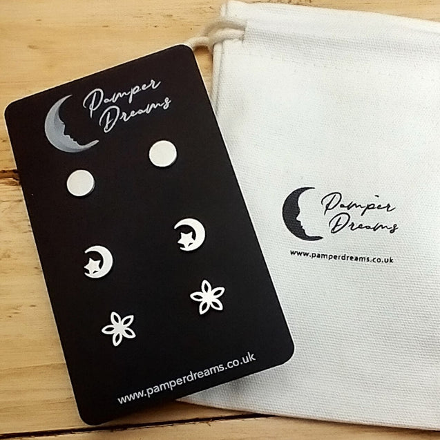 Hypoallergenic Stainless Steel Earrings Set 3 Pairs Silver Colour Round Moon & Stars Flowers
