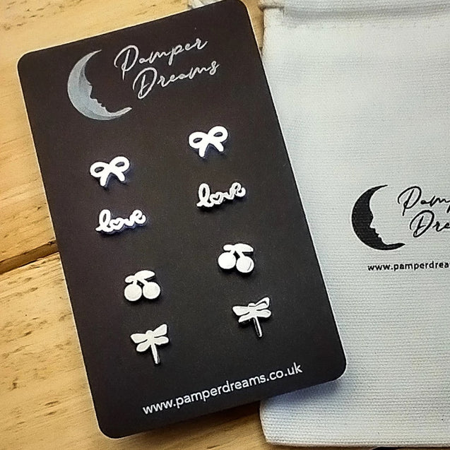 Hypoallergenic Stainless Steel Earrings Set 4 Pairs Silver Colour Clover Ribbons Love Cherries & Dragonflies