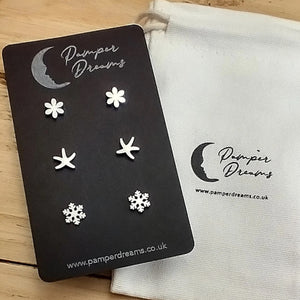 Hypoallergenic Stainless Steel Earrings Set 3 Pairs Silver Colour Flowers Starfish & Snowflake