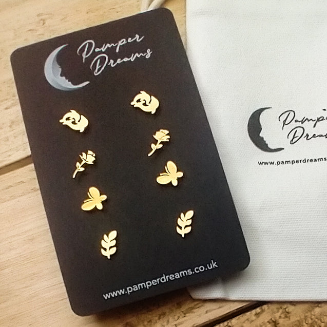 Hypoallergenic Stainless Steel Earrings Set 4 Pairs Gold Colour Dolphins Roses Butterflies & Leaf