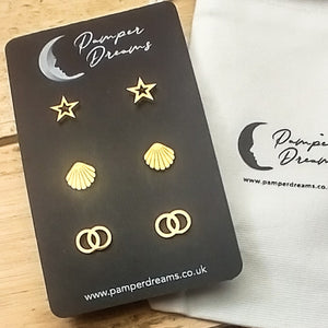 Hypoallergenic Stainless Steel Earrings Set 3 Pairs Gold Colour Stars Shells & Double Circles