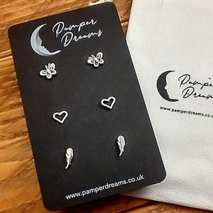 Hypoallergenic Stainless Steel Earrings Set 3 Pairs Silver Colour Butterflies Hearts & Feathers
