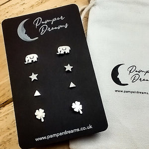 Hypoallergenic Stainless Steel Earrings Set 4 Pairs Silver Colour Elephants Stars Triangles & Clover