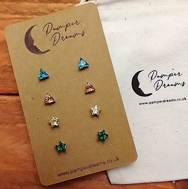Hypoallergenic Stainless Steel CZ & Opalite Earring Set 4 Pairs Silver Colour D008