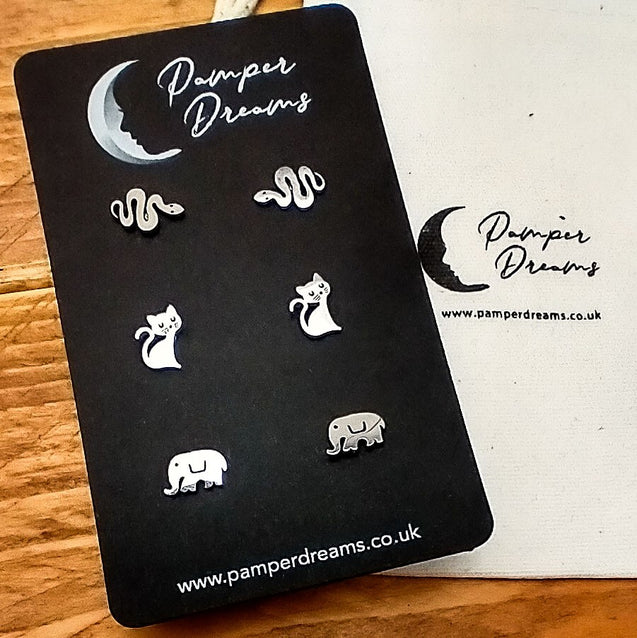 Hypoallergenic Stainless Steel Earrings Set 3 Pairs Silver Colour Snakes Cats & Elephants